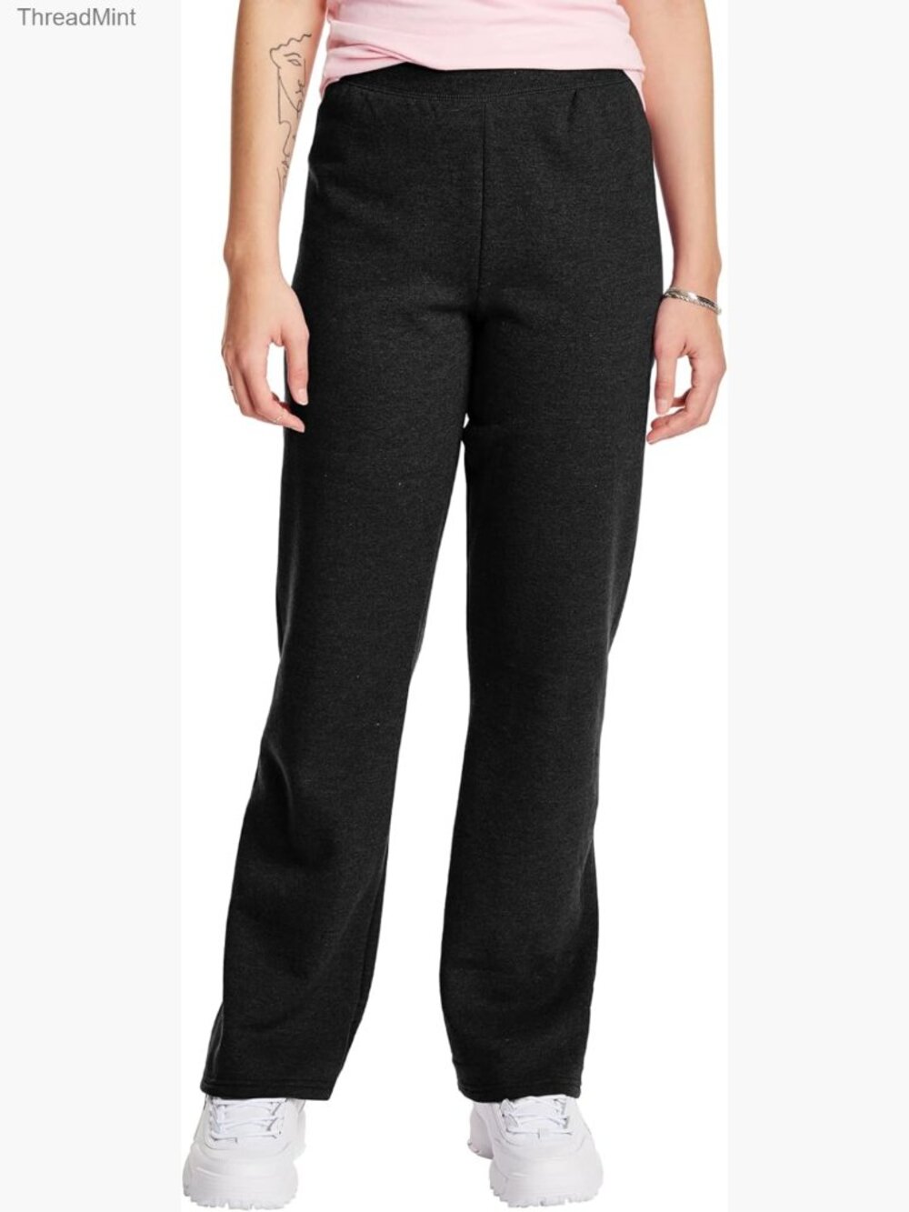Midweight open-bottom sweatpants, no pockets or drawcord, wide waistband